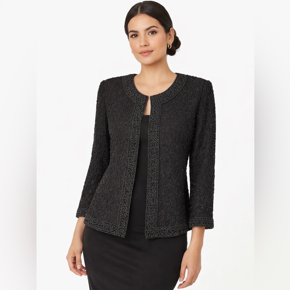 Lawrence Kazar Black Beaded Silk Jacket Evening Formal Petite M